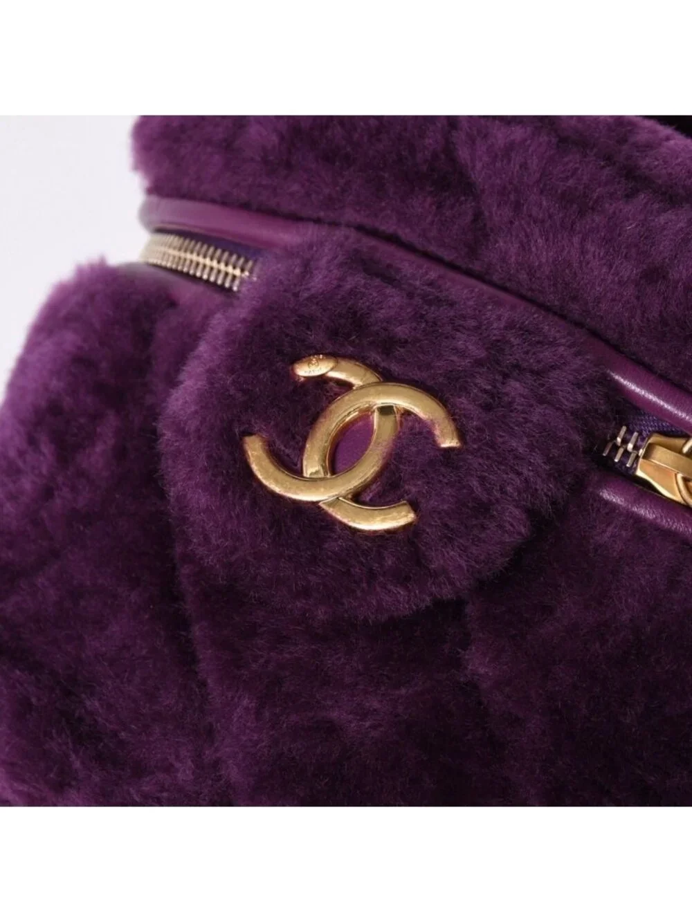 Chanel CC Logo Vanity 2-Way Shoulder Bag Shearling Purple Gold